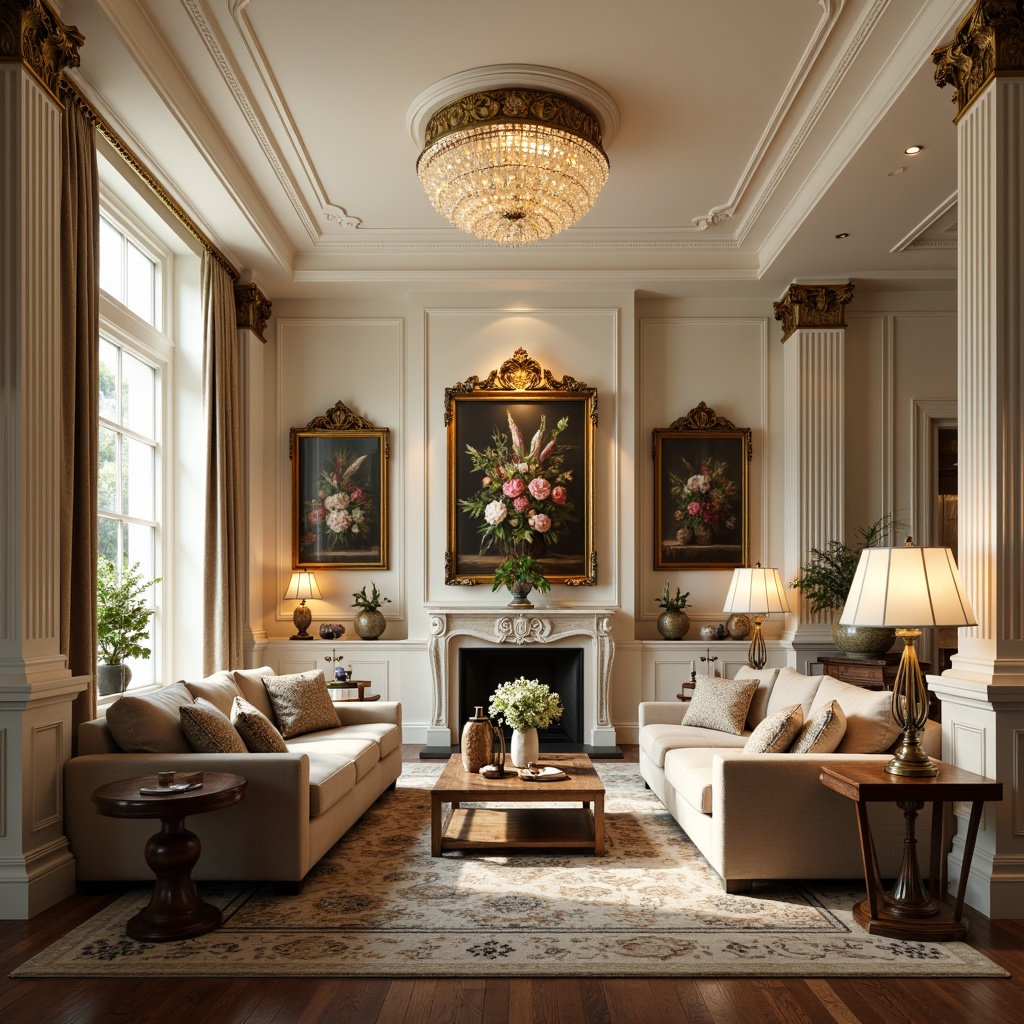 Prompt: Elegant family room, neoclassical style, rich wood tones, ornate furnishings, creamy white walls, soft golden lighting, lavish velvet fabrics, intricate carvings, subtle marble accents, refined bronze hardware, sophisticated neutral palette, warm beige sofas, majestic crystal chandeliers, stately columns, opulent drapery, dramatic floor-to-ceiling windows, cinematic wide-angle view, shallow depth of field, 2/3 composition, ornate mirror frames, luxurious textiles, vivid still-life paintings.