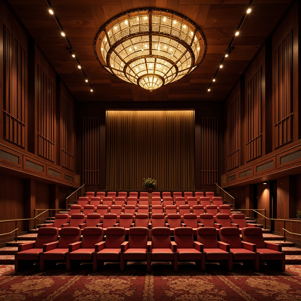 Prompt: Luxurious theater interior, rich wood accents, plush velvet seats, ornate golden fixtures, sound-absorbing acoustic panels, geometric patterns, dark walnut walls, softbox lighting, subtle LED illumination, precise sound diffusion, 1/1 composition, realistic textures, ambient occlusion, cinematic atmosphere, grand chandelier, elegant drapery, sophisticated carpeting.