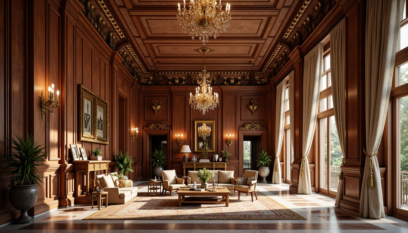 Prompt: Luxurious mansion, ornate furnishings, rich wood tones, polished marble floors, inlaid patterns, elegant chandeliers, soft warm lighting, shallow depth of field, 3/4 composition, panoramic view, realistic textures, ambient occlusion, classicism-inspired motifs, intricate moldings, ornamental columns, lavish drapery, velvet upholstery, gilded accents, antique furniture pieces.