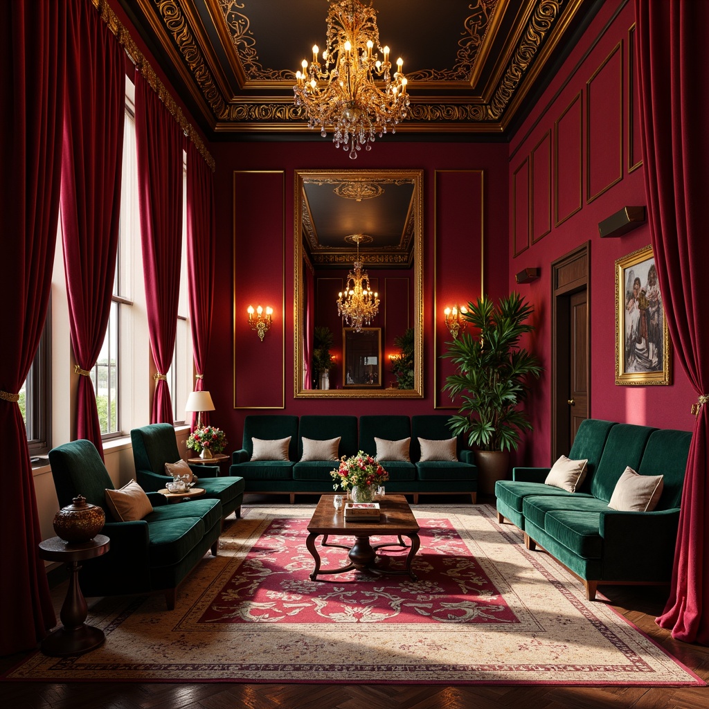 Prompt: Rich velvet drapes, ornate gold accents, lavish crimson walls, deep berry wine tones, mysterious midnight blues, opulent emerald greens, warm amber lighting, dramatic shadows, luxurious cream textures, intricate patterned rugs, gilded mirrors, extravagant chandeliers.This color palette is inspired by the grandeur and extravagance of the Baroque period, with a focus on rich, jewel-toned colors and opulent textures. The deep reds and berry tones evoke a sense of luxury and sophistication, while the gold accents add a touch of glamour and drama. The midnight blues and emerald greens provide a sense of mystery and intrigue, perfect for a nightclub setting.