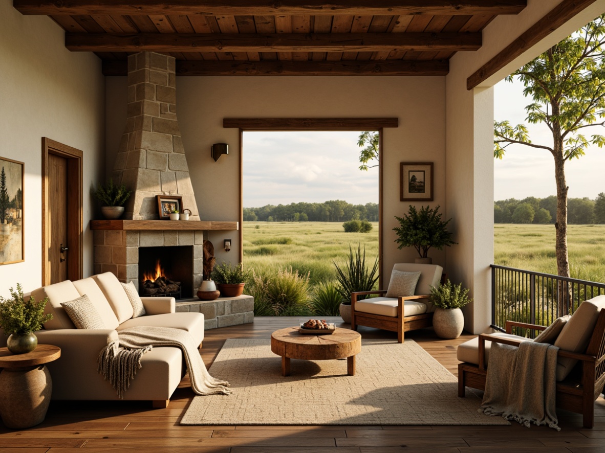 Prompt: Rustic farmhouse, vintage decor, earthy tones, warm beige walls, distressed wood accents, natural stone fireplaces, cozy throw blankets, soft golden lighting, lush greenery, wildflower fields, sunny afternoon, shallow depth of field, 1/1 composition, realistic textures, ambient occlusion.