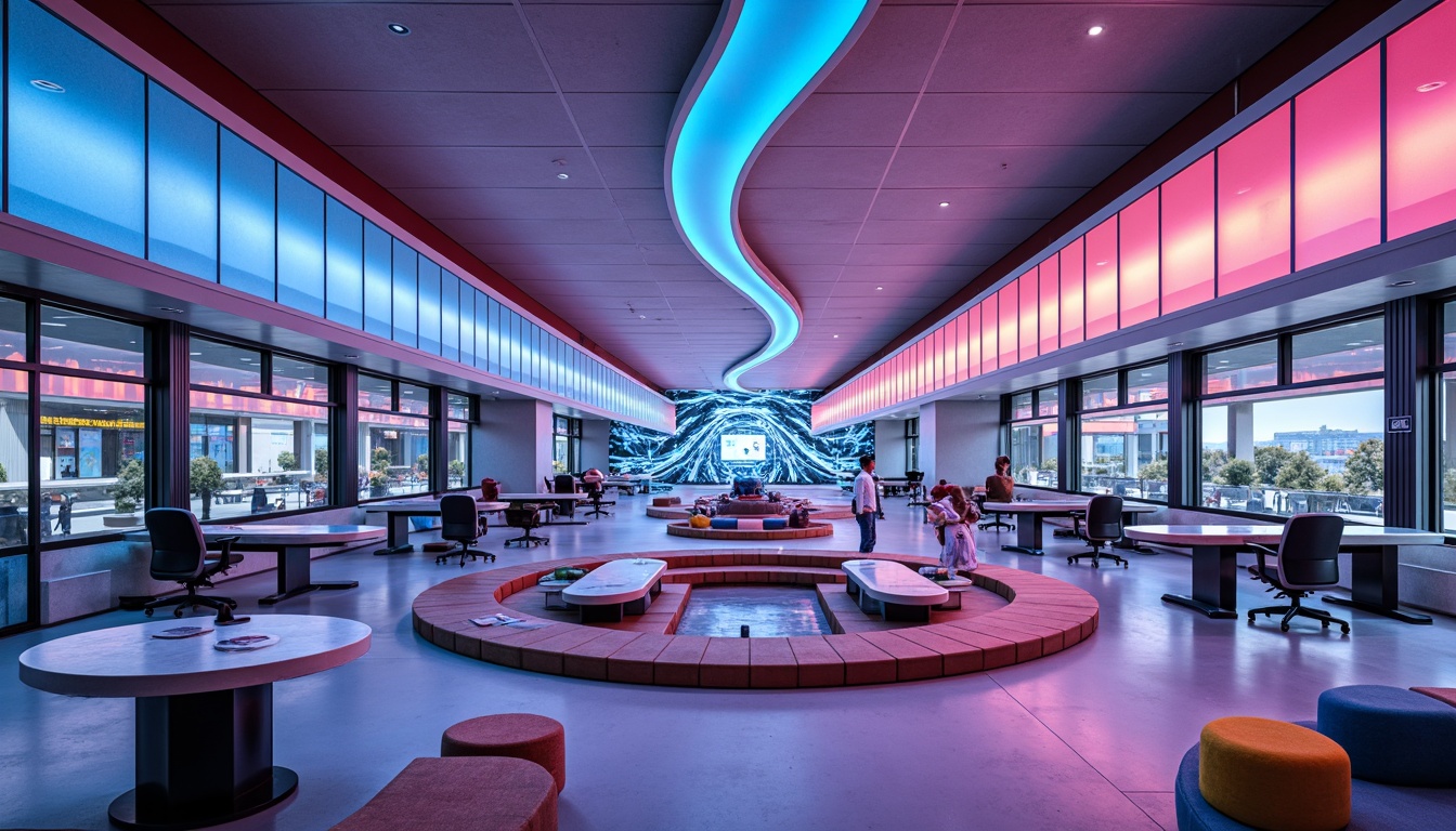 Prompt: Futuristic middle school interior, curved lines, neon-lit corridors, holographic displays, interactive whiteboards, minimalist desks, ergonomic chairs, vibrant colorful accents, metallic surfaces, geometric-shaped tables, modular shelving units, transparent glass partitions, ambient LED lighting, soft glowing floors, 3D-printed decorative elements, virtual reality zones, collaborative workspaces, flexible seating arrangements, smart boards with artificial intelligence, circular gathering areas, futuristic-inspired sculptures.