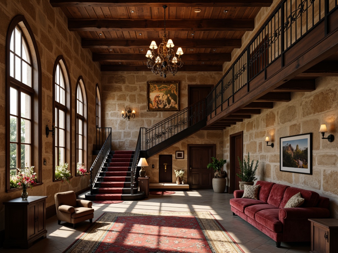 Prompt: Rustic hall interior, distressed wood accents, earthy color palette, natural stone walls, reclaimed wooden beams, ornate metal chandeliers, rich velvet fabrics, warm candlelight, inviting atmosphere, grand staircase, ornate carvings, luxurious textures, subtle sheen, shallow depth of field, 1/2 composition, softbox lighting, realistic reflections.