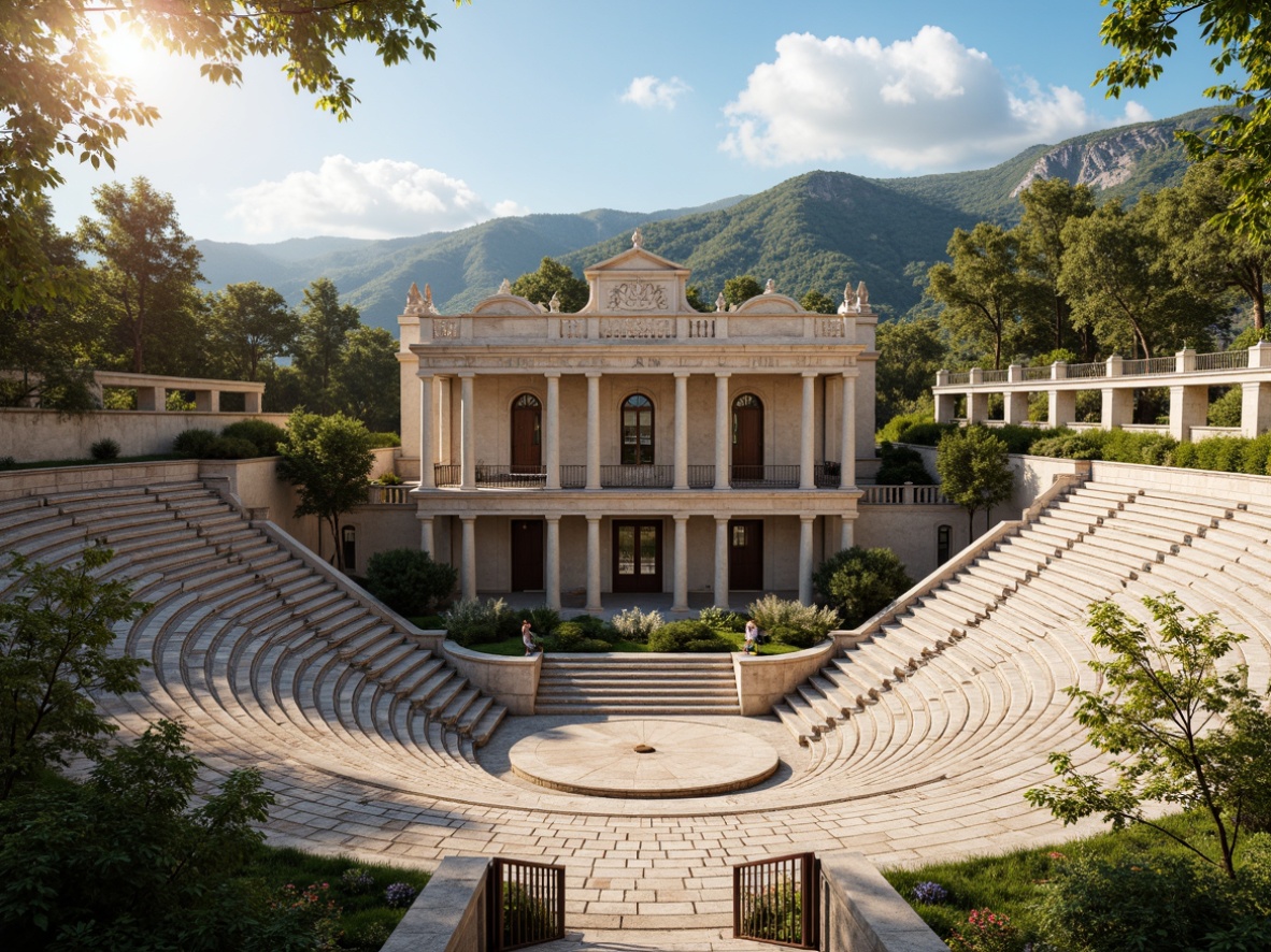 Prompt: Ancient Greek amphitheater, elegant classicism architecture, ornate stone carvings, marble columns, grandiose arches, symmetrical composition, natural acoustic resonance, tiered seating, lush greenery surroundings, sunny day, warm golden lighting, shallow depth of field, 3/4 composition, panoramic view, realistic textures, ambient occlusion.