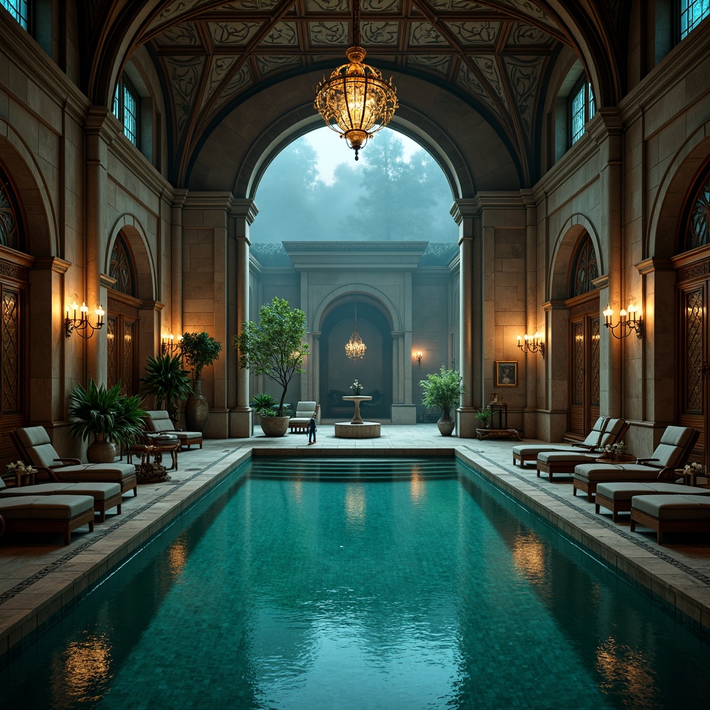 Prompt: Elegant Gothic-style swimming pool, mysterious dark blues and greens, ornate stone carvings, intricate mosaic patterns, grandiose arches, luxurious velvet lounge chairs, rich wood accents, dramatic chandeliers, ornamental ironwork, mystical fog effects, warm golden lighting, shallow depth of field, 1/2 composition, symmetrical framing, realistic water reflections.