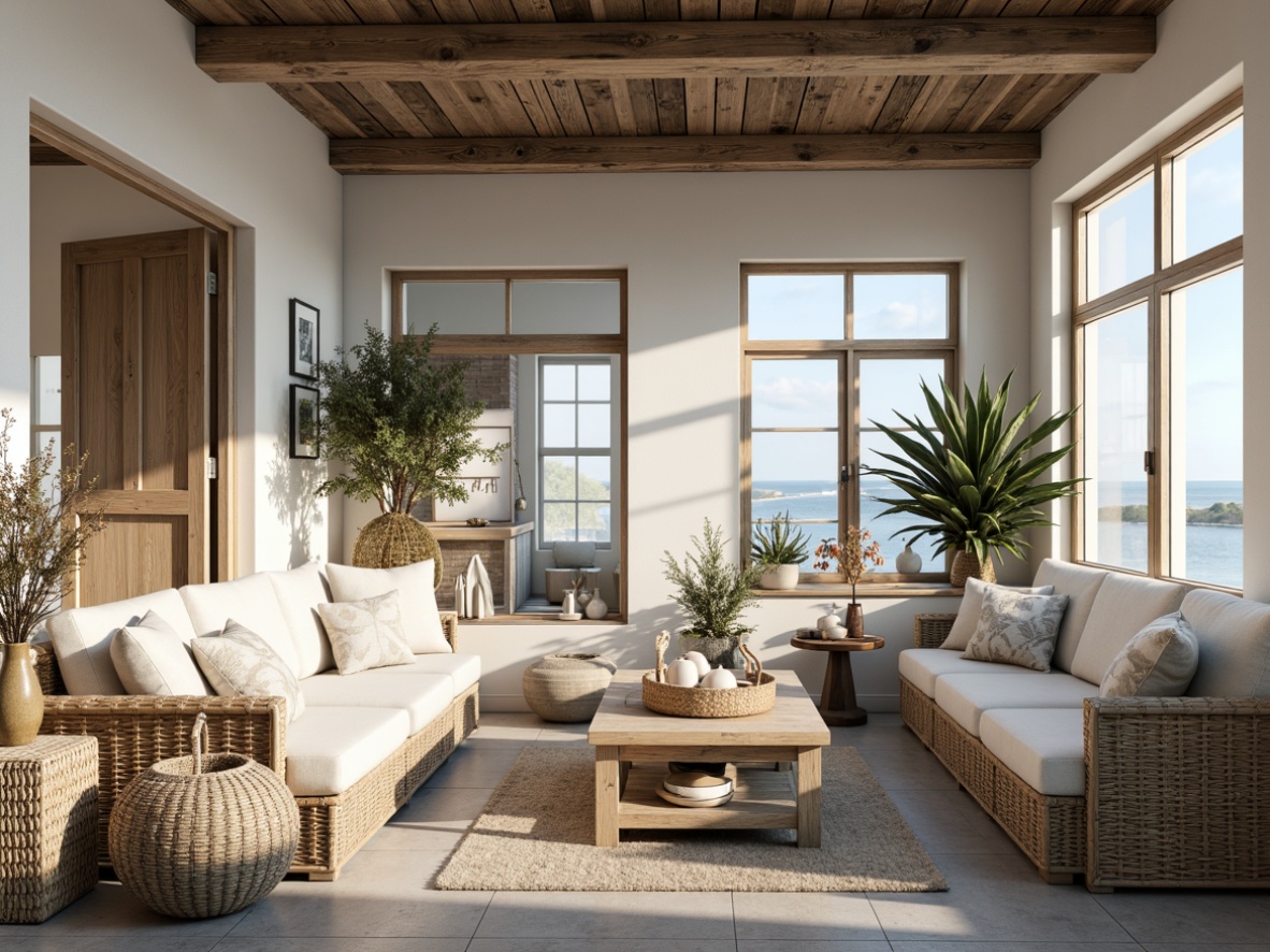 Prompt: Driftwood grey walls, weathered wooden planks, distressed metal accents, sea-salt scrubbed stone floors, ocean-inspired color palette, soft creamy whites, calming blues, sandy neutrals, beachy shells, coral patterns, woven rattan furniture, natural fiber textiles, linen upholstery, nautical ropes, vintage fishing nets, sunny coastal light, warm golden hour, shallow depth of field, 1/1 composition, realistic textures, ambient occlusion.