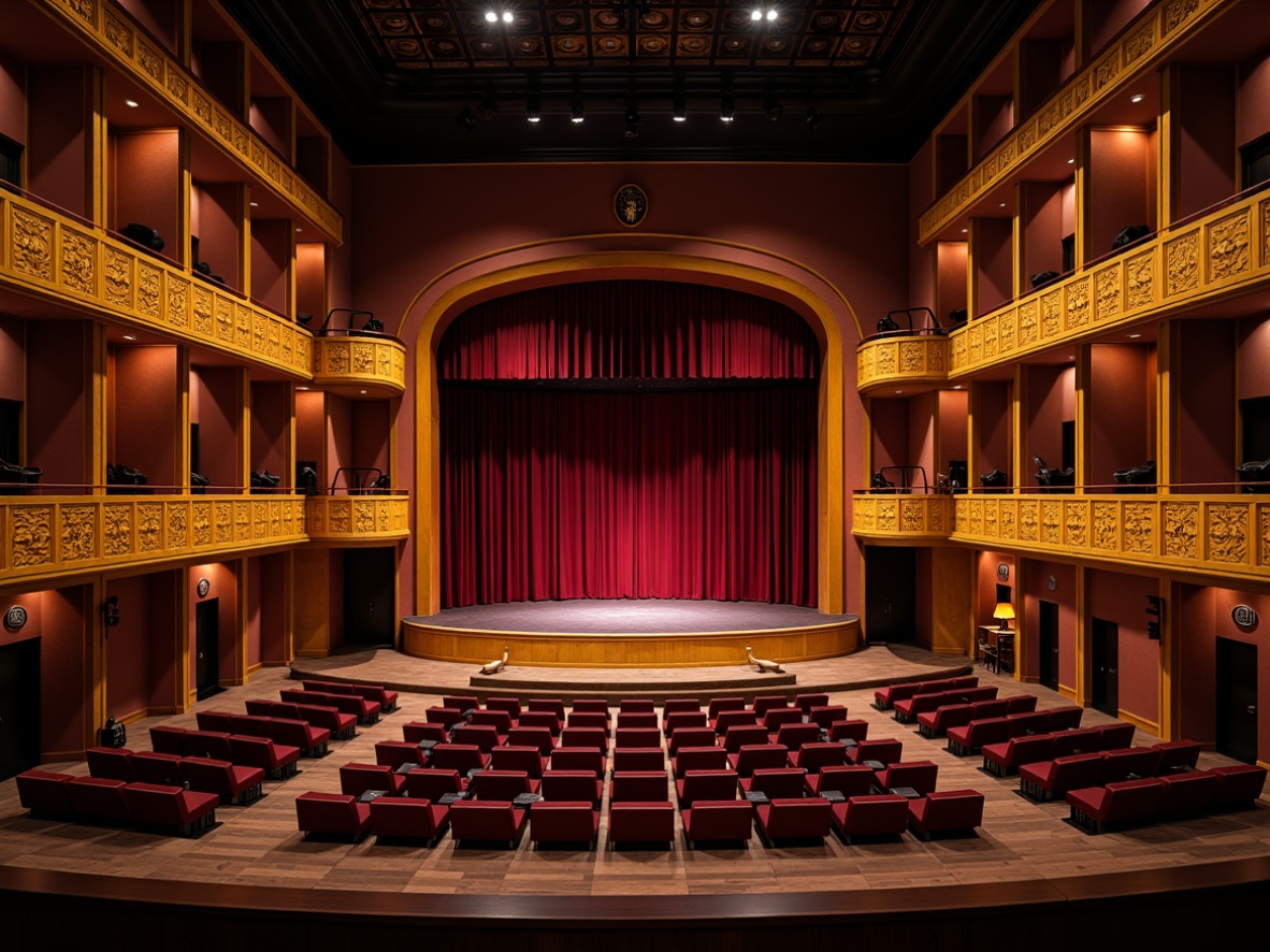 Prompt: Luxurious theater interior, rich wood accents, soft plush seats, ornate golden balconies, crimson red curtains, dimmed stage lighting, acoustic panels with geometric patterns, sound-absorbing materials, 3D wave diffusers, fabric-wrapped walls, dark hardwood floors, intimate seating arrangements, dramatic ceiling heights, warm spotlighting, shallow depth of field, 1/2 composition, realistic textures, ambient occlusion.