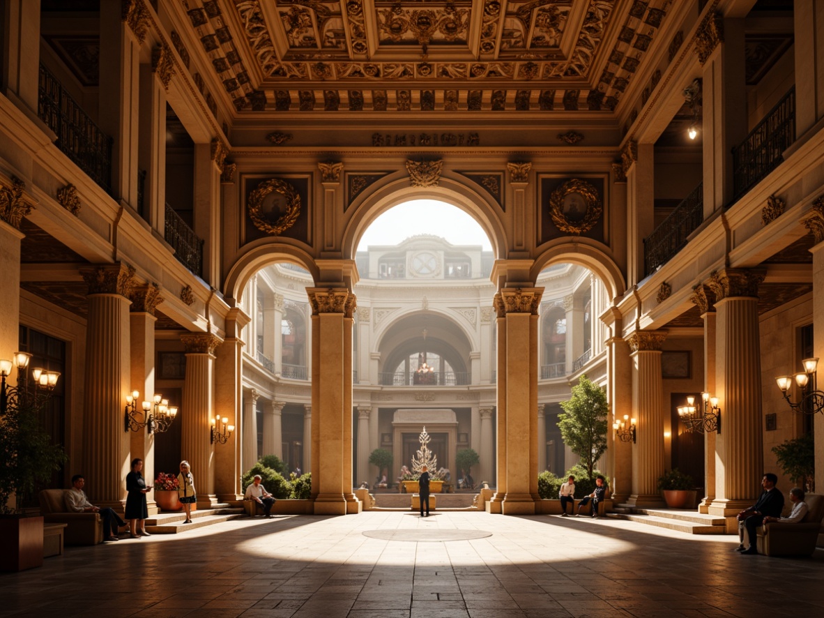 Prompt: Grand amphitheater, classic Roman architecture, ornate columns, arches, vaulted ceilings, warm golden lighting, soft diffused shadows, candelabras, crystal chandeliers, subtle gradient effects, ambient occlusion, realistic textures, atmospheric perspective, 1/1 composition, symmetrical framing, dramatic spotlights, gentle fill lights, warm color temperature, high contrast ratio, ornate metalwork, intricate carvings, lavish furnishings, opulent fabrics.