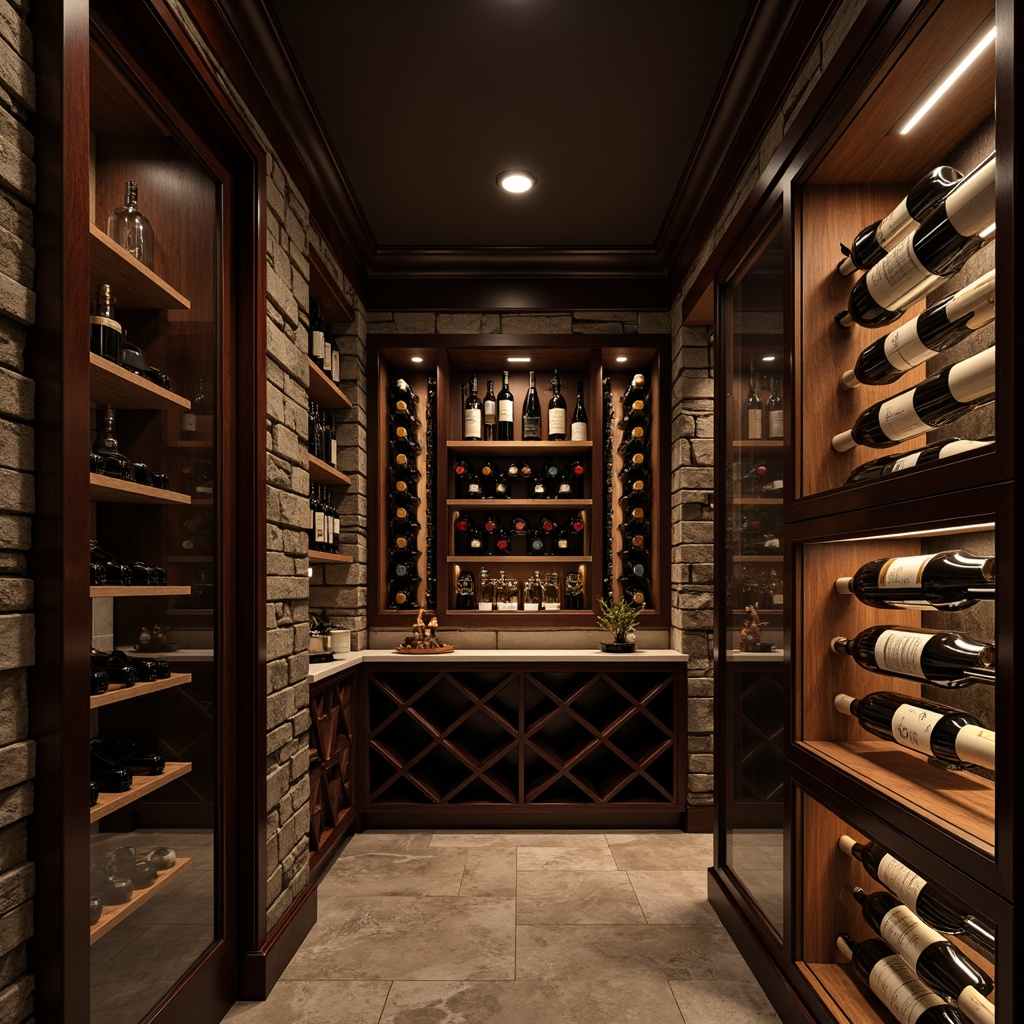 Prompt: Luxurious wine cellar, dark wood tones, rich stone walls, dimmed lighting, temperature-controlled environment, wooden wine racks, glass-enclosed wine storage, elegant metal accents, sophisticated color palette, high-gloss finish, premium materials, durable surfaces, slip-resistant flooring, easy maintenance, rustic charm, natural textures, earthy tones, ambient warmth, soft shadows, subtle reflections.