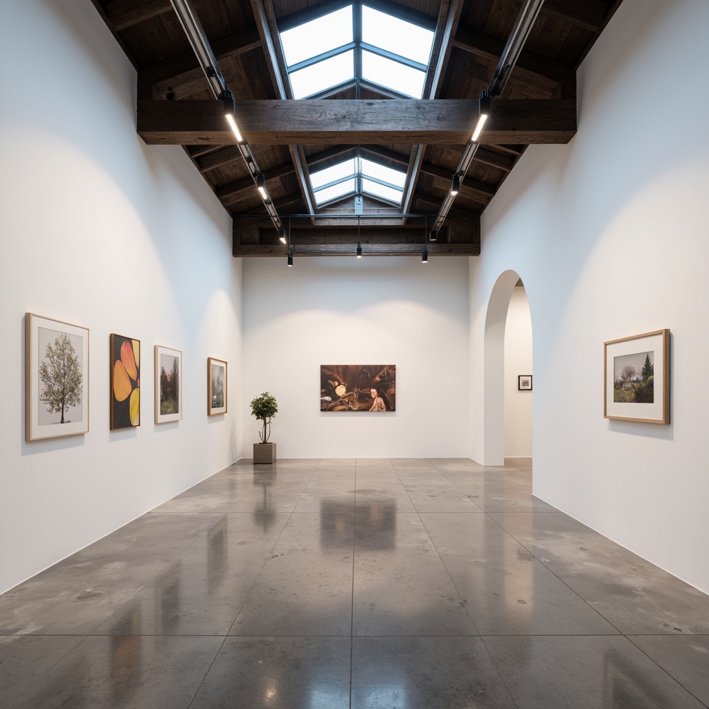 Prompt: Minimalist art gallery, clean white walls, polished concrete floors, recessed lighting, subtle LED strips, soft warm glow, natural daylight, clerestory windows, industrial chic metal beams, exposed ductwork, neutral color palette, simple rectangular shapes, sparse decorative elements, elegant track lighting, discreet floor lamps, matte black fixtures, 1/1 composition, high contrast ratio, dramatic shadows, realistic reflections.