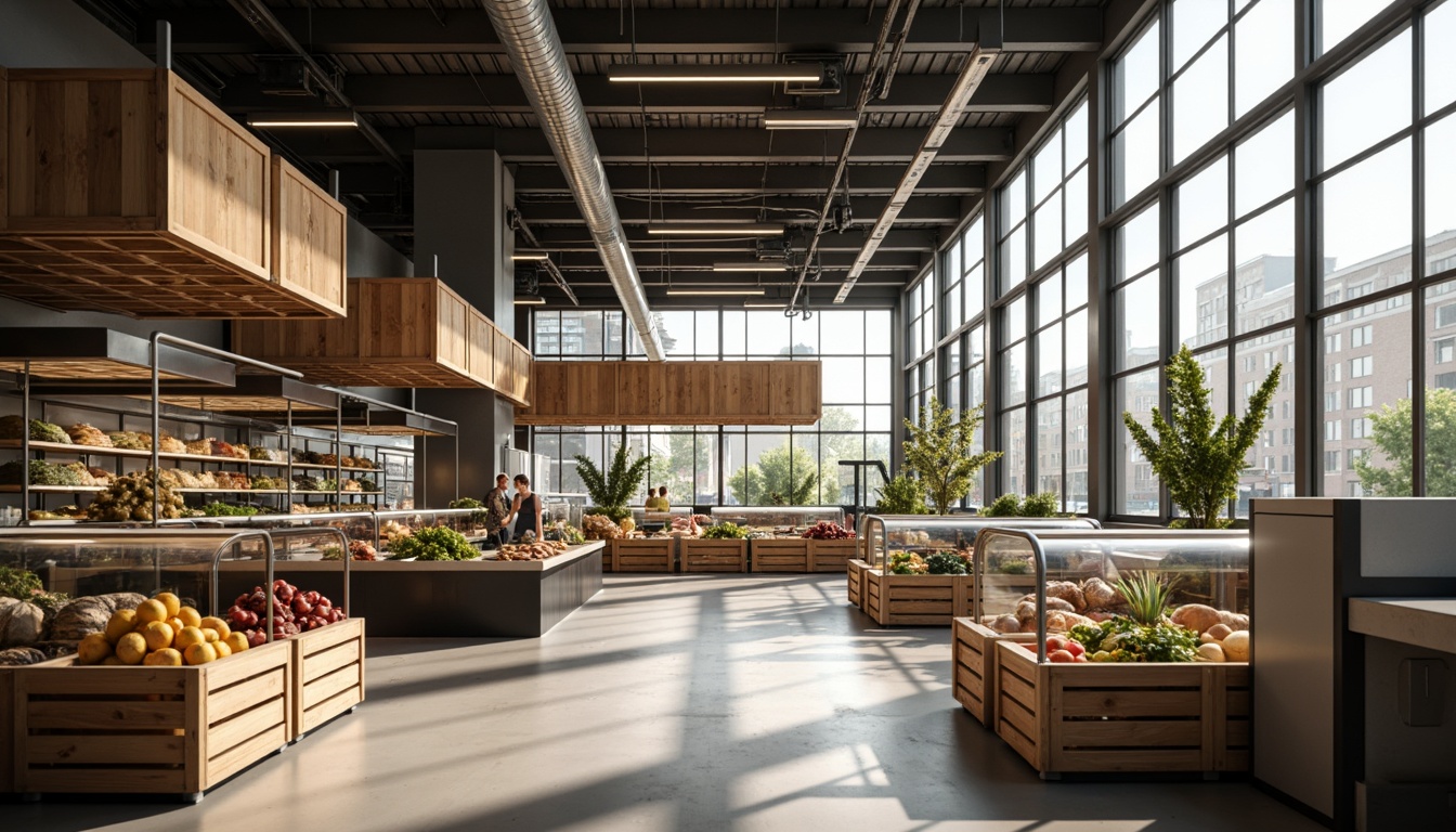 Prompt: Modern grocery store interior, sleek lines, minimal decor, polished concrete floors, industrial-style lighting fixtures, suspended metal shelves, LED light strips, warm white color temperature, high ceiling, natural light pouring in through large windows, ambient softbox lights, subtle gradient effects, shallow depth of field, 1/1 composition, realistic textures, detailed product displays, wooden crate accents, urban loft-inspired atmosphere, morning sunlight, gentle shadows.