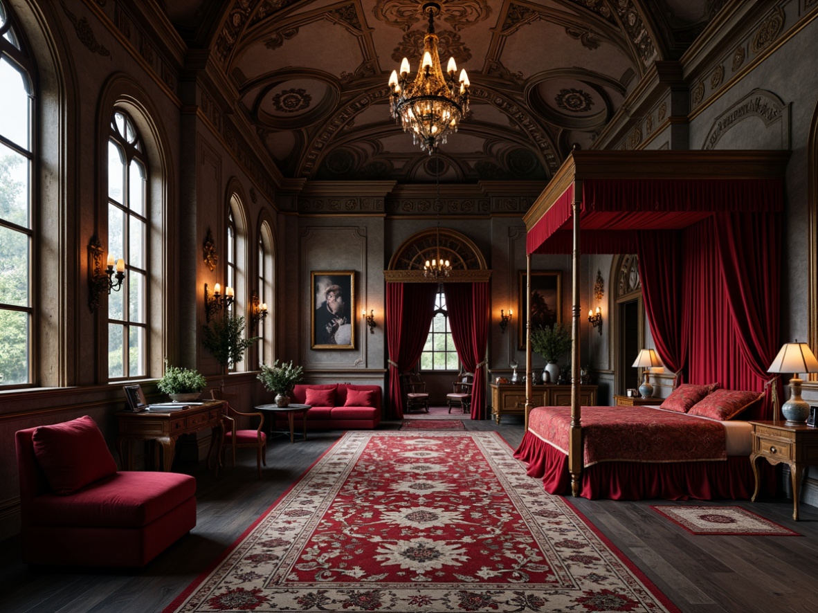 Prompt: Rich velvet fabrics, mysterious dark colors, ornate furniture carvings, grandiose chandeliers, stained glass windows, heavy drapery, intricate stone walls, luxurious canopies, regal four-poster beds, lavish bedding, mysterious alcoves, mystical ambiance, warm candlelight, dramatic shadows, Baroque-inspired patterns, sumptuous rugs, ancient tapestries.