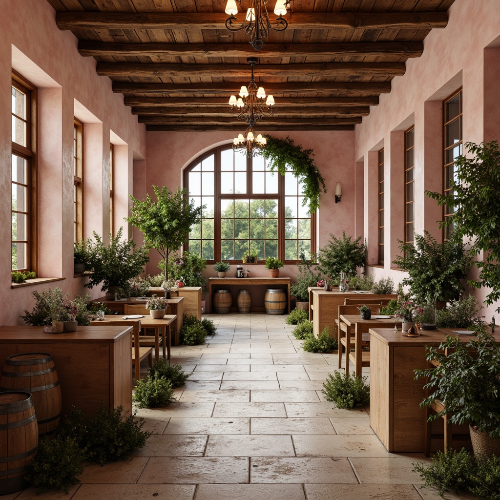 Prompt: Rustic winery, vintage charm, distressed wood accents, soft pastel hues, blush pink walls, muted lavender tones, creamy whites, warm beige floors, ornate metalwork, elegant chandeliers, lush greenery, overflowing flower arrangements, natural stone pathways, wooden barrels, wine cellar ambiance, dim warm lighting, shallow depth of field, 1/1 composition, realistic textures, ambient occlusion.