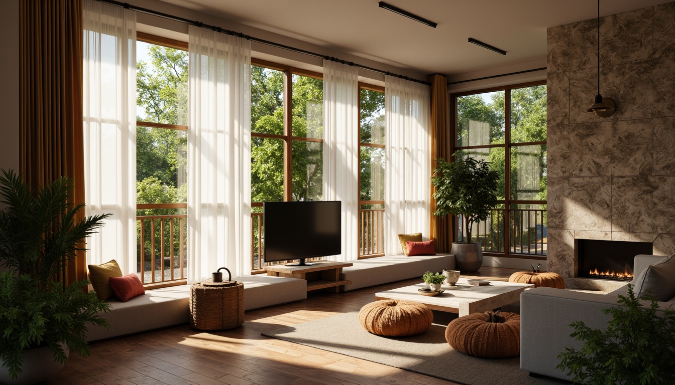 Prompt: Contemporary living room, warm ambient lighting, pendant lamps, recessed ceiling lights, floor-to-ceiling windows, sheer white curtains, minimalistic furniture, wooden flooring, cozy reading nook, soft cushions, vibrant greenery, natural stone walls, indirect warm lighting, shallow depth of field, 1/1 composition, realistic textures, subtle shadows.