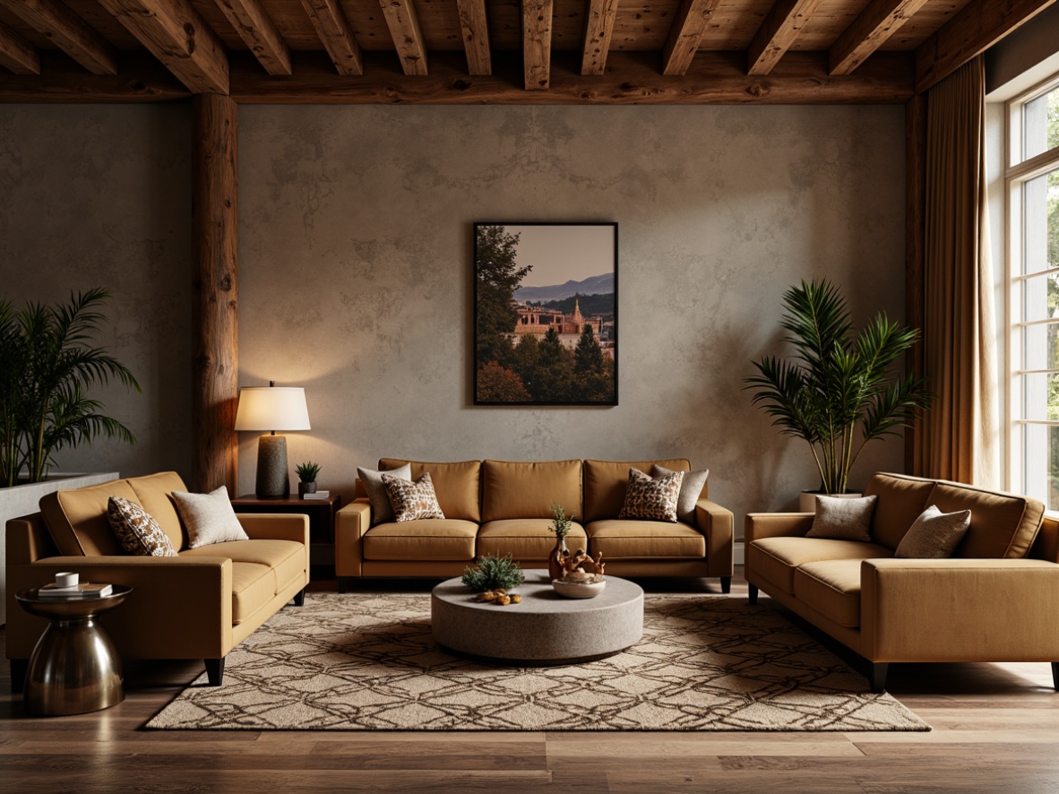 Prompt: Luxurious living room, richly textured walls, velvety soft couches, reclaimed wood flooring, natural stone accents, metallic side tables, geometric patterned rugs, ambient warm lighting, 3/4 composition, shallow depth of field, realistic textures, soft focus background, cozy atmosphere, inviting color palette.