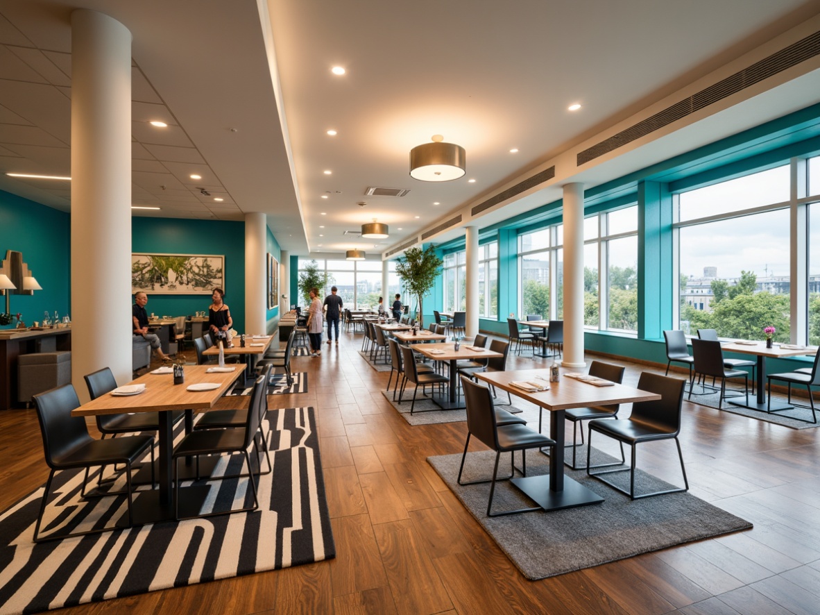 Prompt: Modern dining hall, sleek metal chairs, minimalist tables, bold accent walls, rich wood flooring, statement lighting fixtures, vibrant turquoise accents, creamy white ceilings, geometric patterned rugs, floor-to-ceiling windows, natural daylight, soft warm glow, 1/1 composition, realistic textures, ambient occlusion.