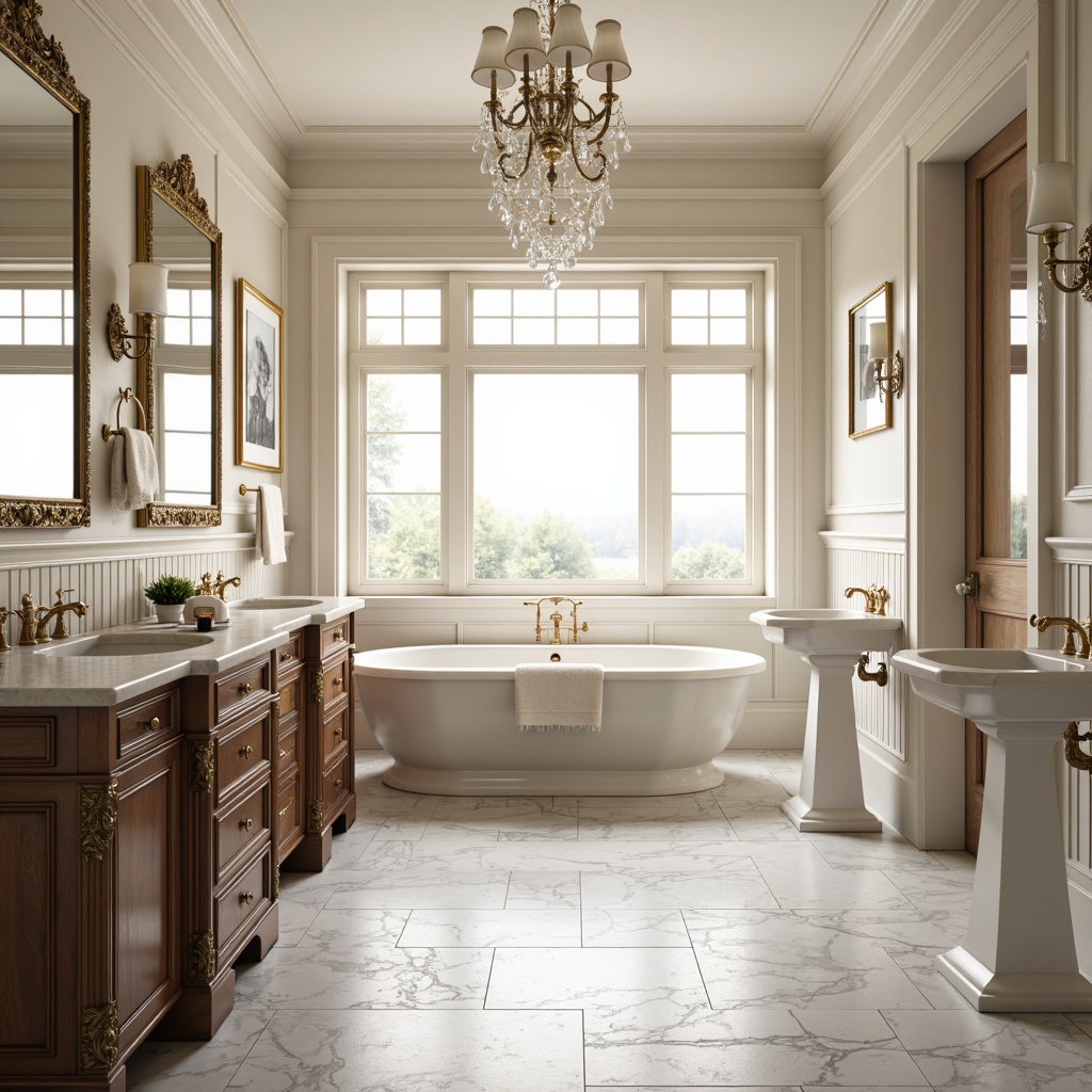 Prompt: Marble countertops, white Carrara tiles, ornate golden fixtures, crystal chandeliers, soft creamy walls, rich wooden cabinetry, antique bronze hardware, elegant freestanding tubs, veined marble floors, decorative wainscoting, subtle molding details, classic pedestal sinks, warm ambient lighting, 1/1 composition, shallow depth of field, realistic textures.