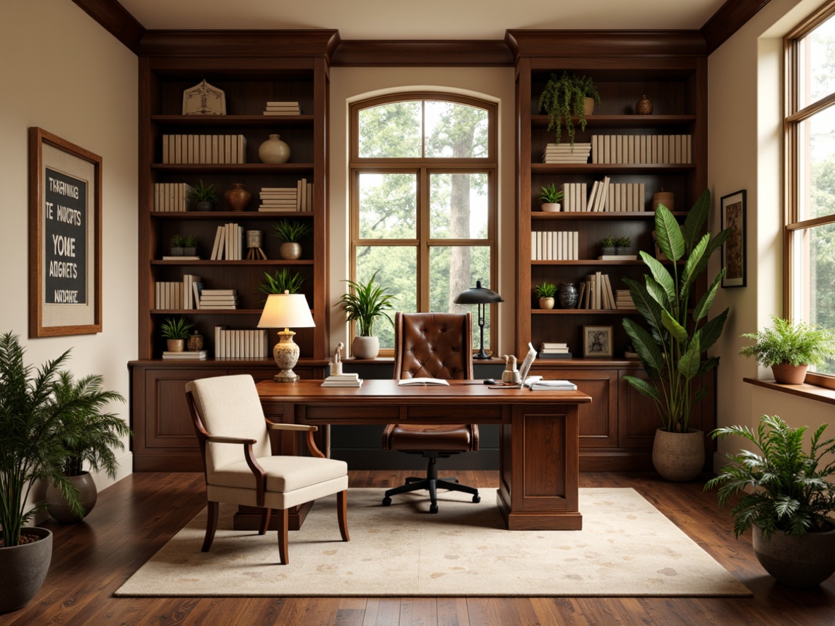 Prompt: Cozy home office, traditional academic style, wooden desk, leather chair, bookshelves, ornate lamp, warm beige walls, soft carpet flooring, natural light, large windows, green plants, inspirational quotes, motivational artwork, organized storage spaces, ergonomic keyboard tray, adjustable monitor stand, comfortable reading nook, peaceful atmosphere, subtle wood grain textures, shallow depth of field, 2/3 composition, realistic rendering, ambient occlusion.