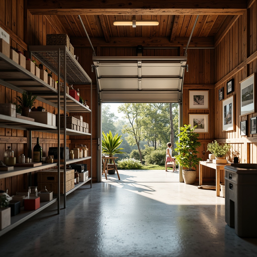 Prompt: Cozy family garage, warm wooden tones, rustic metal accents, organized storage systems, modular shelving units, labeled bins, stacking crates, sleek overhead racks, epoxy-coated floors, natural light pouring in, soft morning glow, shallow depth of field, 1/1 composition, realistic textures, ambient occlusion.