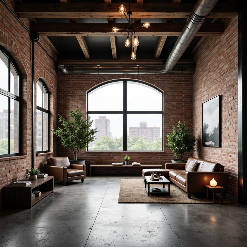 Prompt: Exposed brick walls, metallic beams, reclaimed wood accents, polished concrete floors, industrial-grade steel pipes, distressed leather upholstery, Edison bulb lighting, urban cityscape views, converted warehouse spaces, minimalist decor, functional furniture, neutral color palette, matte black finishes, rough-textured stonework, mechanical equipment visible, high ceilings, open floor plans, natural light pouring in, soft box lighting, 3/4 composition, realistic textures, ambient occlusion.