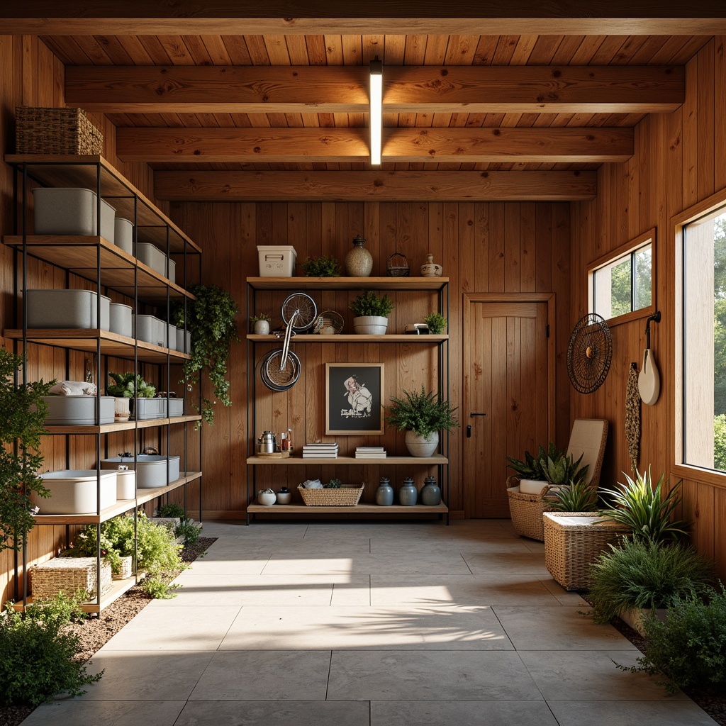 Prompt: Cozy family garage, warm wooden tones, sleek metal storage units, organized shelving systems, labeled bins, hanging bicycles, gardening tools, sports equipment, natural stone flooring, overhead lighting, soft ambient glow, shallow depth of field, 1/2 composition, realistic textures, ambient occlusion.