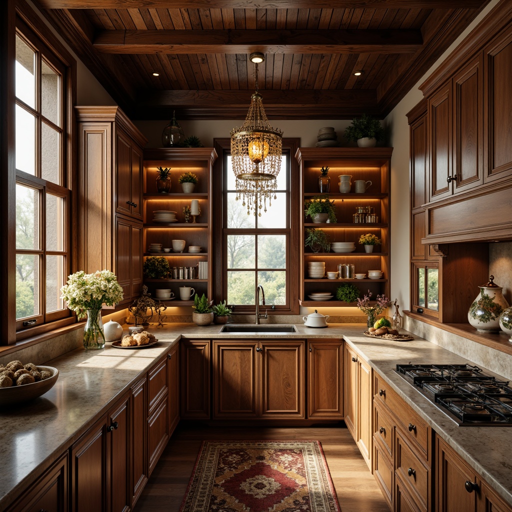 Prompt: Warm pantry, Renaissance-style cabinetry, ornate metal fixtures, soft warm lighting, golden pendant lamps, crystal chandeliers, ambient under-cabinet lighting, natural stone countertops, rich wood tones, classic architectural details, elegant molding, subtle color palette, rustic wooden beams, large windows, diffuse daylight, 1/1 composition, realistic textures, atmospheric rendering.