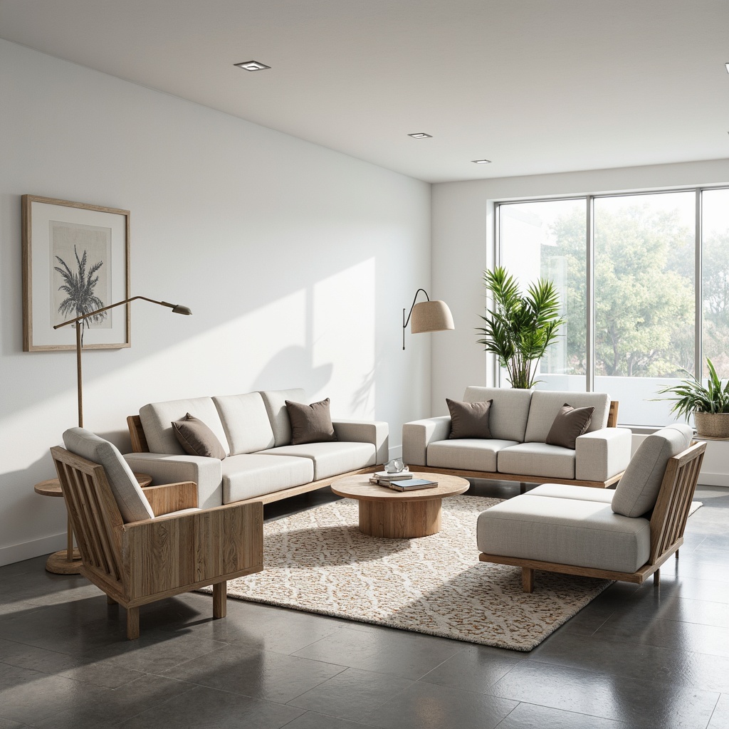 Prompt: Minimalist living room, polished concrete floors, matte white walls, sleek wooden furniture, low-profile sofas, geometric patterned rugs, industrial-chic metal accents, floor-to-ceiling windows, natural light, airy atmosphere, 1/1 composition, shallow depth of field, softbox lighting, ambient occlusion.