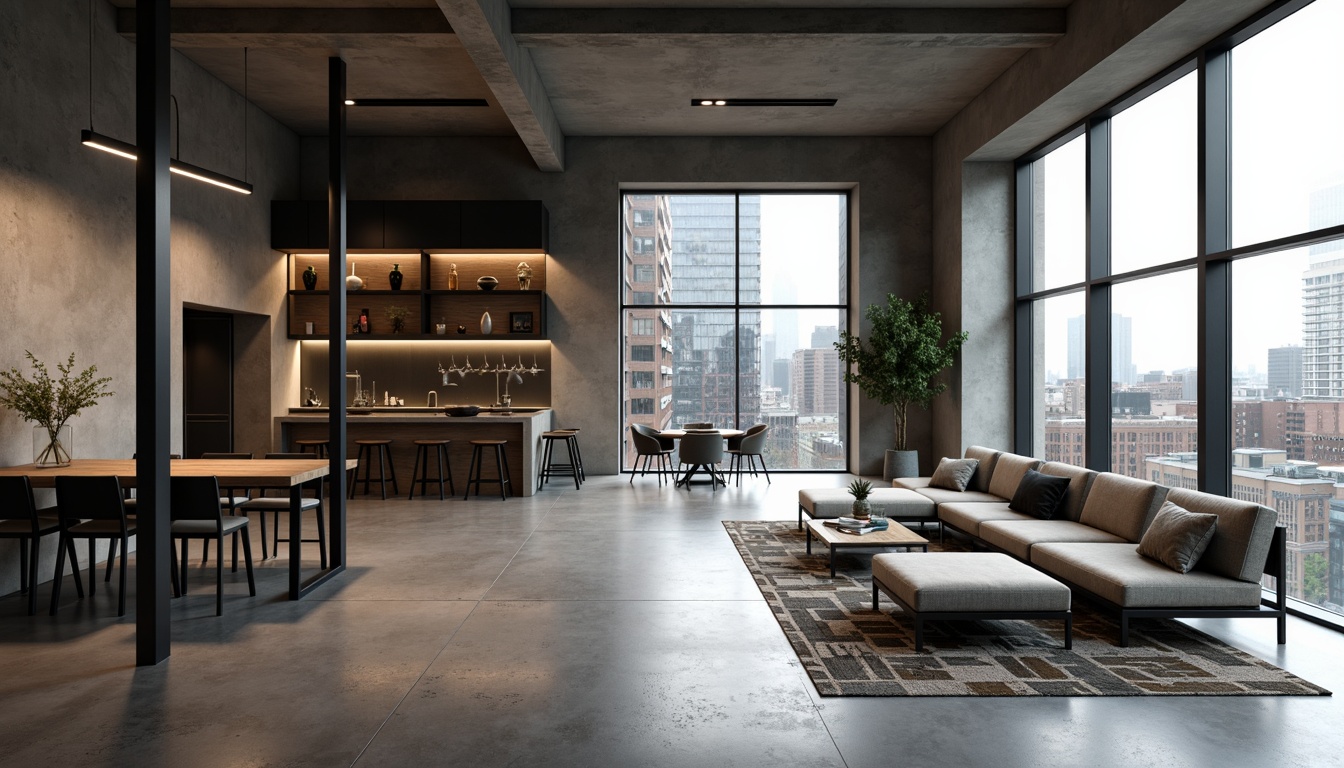 Prompt: Minimalist interior, polished concrete floors, matte black metal frames, sleek glass surfaces, reclaimed wood accents, industrial chic decor, monochromatic color scheme, ambient soft lighting, subtle texture contrast, modern minimalist furniture, low-profile sofas, geometric patterned rugs, floor-to-ceiling windows, urban cityscape views, overcast daylight, shallow depth of field, 1/1 composition, realistic reflections.