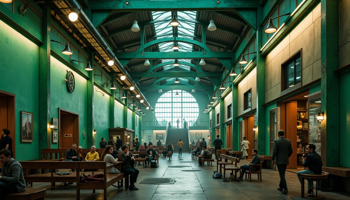 Prompt: Vibrant mint-green walls, metallic steel beams, industrial lamps, distressed wooden benches, vintage luggage racks, ornate ironwork, grand staircases, high ceilings, urban cityscape views, busy commuters, rush hour atmosphere, warm soft lighting, shallow depth of field, 1/2 composition, cinematic angles, gritty textures, atmospheric fog, nostalgic mood, art deco accents, geometric patterns, abstract shapes.