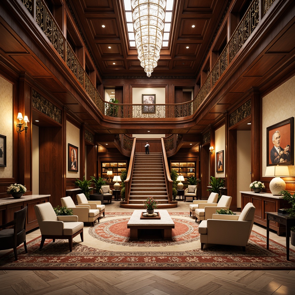 Prompt: Luxurious office interior, rich wood accents, ornate metalwork, intricate carvings, lavish furnishings, plush carpets, crystal chandeliers, grand staircase, marble countertops, sophisticated color palette, dramatic ceiling heights, abundant natural light, warm golden lighting, 1/1 composition, shallow depth of field, realistic textures, ambient occlusion.