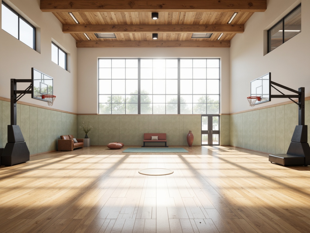 Prompt: Bright gymnasium interior, minimalist design, natural light pouring in, large windows, polished wooden floors, simple color scheme, clean lines, sleek equipment, basketball hoops, sports mats, mirrored walls, high ceilings, subtle shadows, soft ambient lighting, 1/1 composition, realistic textures, ambient occlusion.