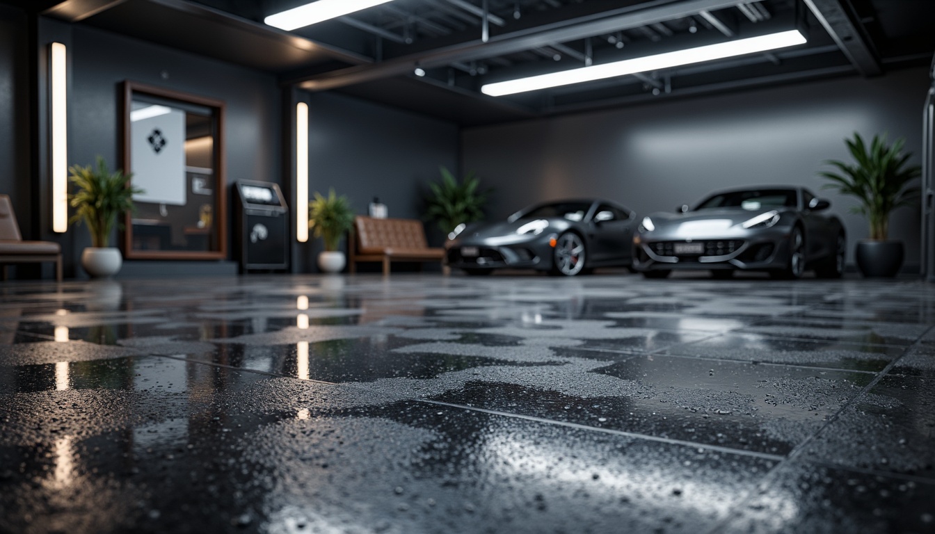 Prompt: Industrial-style garage, epoxy resin flooring, glossy finish, dark grey color, flecks of silver, high-gloss reflection, concrete-inspired texture, modern minimalism, sleek lines, metallic accents, LED strip lighting, futuristic ambiance, urban loft feel, polished chrome fixtures, high-tech gadgets, automotive-themed decor, racing stripe patterns, dynamic diagonal composition, shallow depth of field, cinematic lighting, realistic reflections.