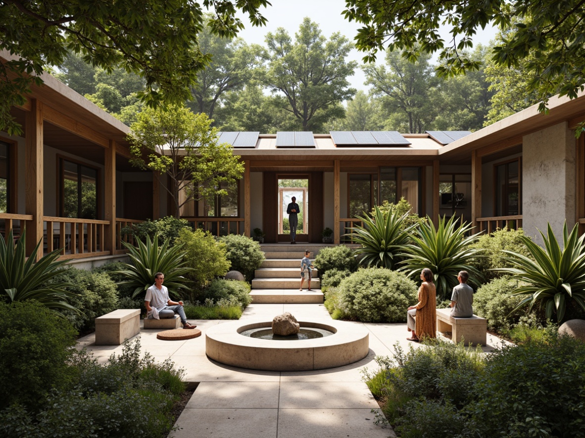 Prompt: Secluded monastery, natural stone walls, wooden accents, bamboo flooring, recycled glass windows, living green roofs, solar panels, rainwater harvesting systems, organic gardens, meditation spaces, minimalist decor, earthy color palette, warm soft lighting, serene ambiance, subtle texture details, 1/2 composition, gentle focus blur, realistic atmospheric effects.