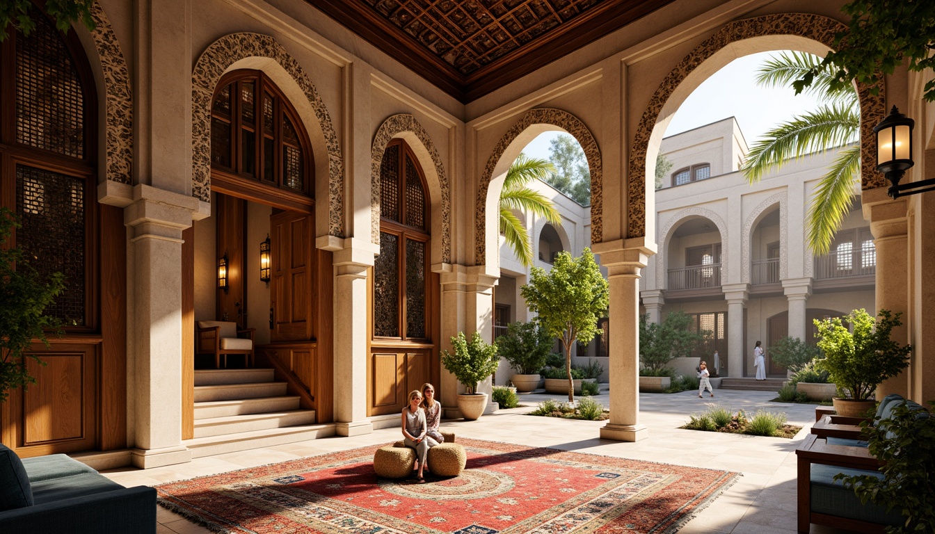 Prompt: Intricate Arabic-inspired arches, ornate wooden doors, hand-carved stone columns, traditional lanterns, vibrant colorful textiles, intricate geometric motifs, richly patterned rugs, warm golden lighting, grand high ceilings, large windows with lattice screens, rustic natural stone walls, earthy toned ceramics, polished brass fixtures, luxurious velvet upholstery, elegant curved staircases, serene courtyard gardens, lush greenery, water features, sunny day, soft warm lighting, shallow depth of field, 3/4 composition, panoramic view, realistic textures, ambient occlusion.