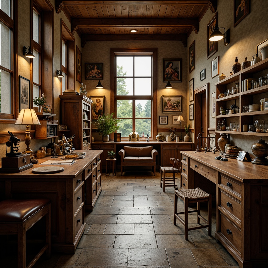 Prompt: Rustic laboratory interior, classic wooden workbenches, vintage scientific equipment, distressed metal cabinets, rich leather armchairs, ornate wooden paneling, warm golden lighting, soft focus effect, shallow depth of field, 1/1 composition, realistic textures, ambient occlusion, antique microscopes, old-fashioned anatomical models, worn stone floors, natural wood accents, earthy color palette, comfortable seating areas, decorative vintage accessories, elegant classic lines, refined minimalist details.