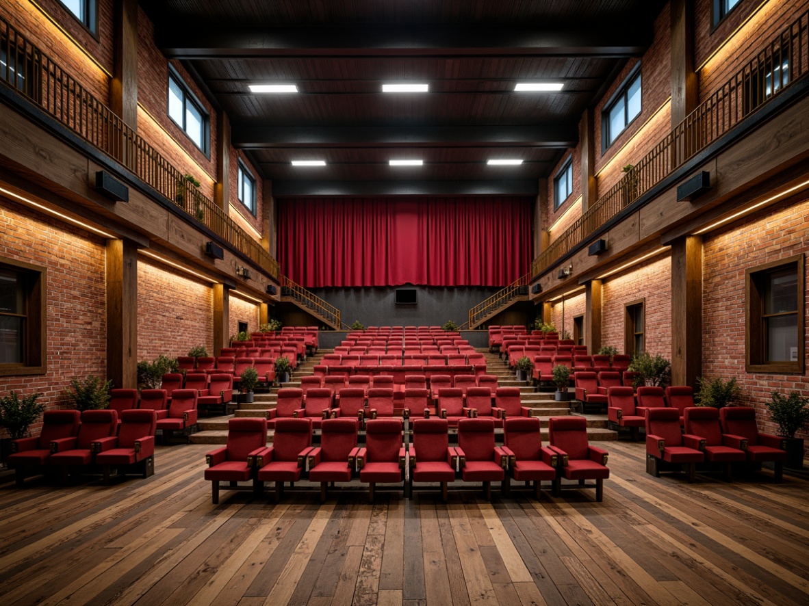 Prompt: Exposed brick walls, industrial metal beams, reclaimed wood floors, vintage theater seats, plush velvet cushions, ornate golden details, dramatic stage lighting, crimson red curtains, rustic metal railings, urban loft atmosphere, high ceilings, open space, natural ventilation, warm color palette, soft box lighting, shallow depth of field, 2/3 composition, cinematic view, realistic textures, ambient occlusion.