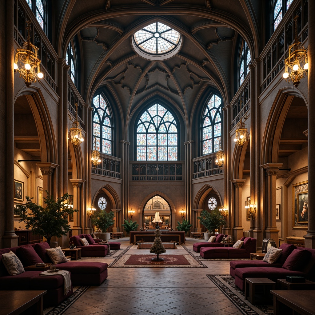 Prompt: Intricate Gothic architecture, ornate stone carvings, lavish furnishings, grand chandeliers, luxurious fabrics, velvety drapes, gilded accents, mystical stained glass windows, mysterious ambiance, soft warm lighting, shallow depth of field, 3/4 composition, panoramic view, realistic textures, ambient occlusion.