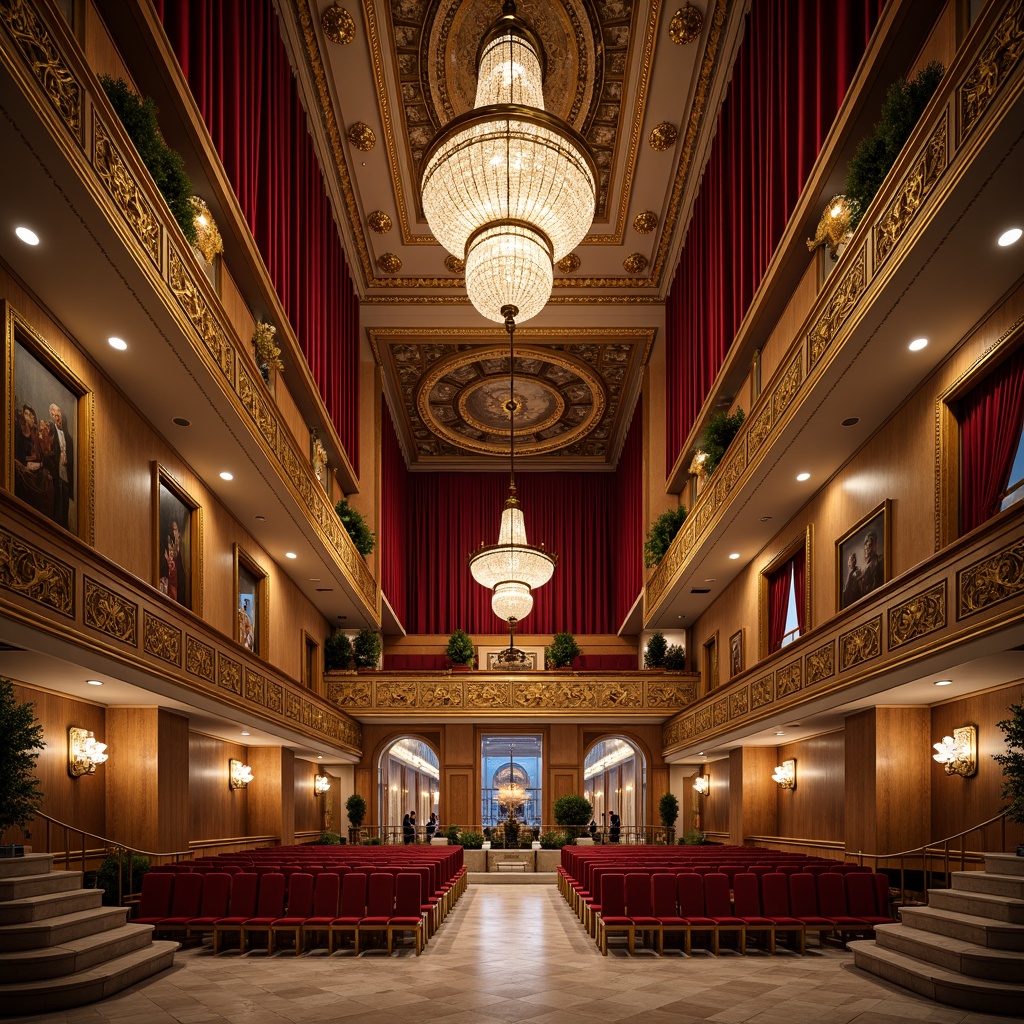 Prompt: Grand auditorium, ornate chandeliers, velvet curtains, gilded frames, marble floors, intricately carved wooden panels, elegant staircases, lavish balconies, regal red upholstery, golden accents, crystal sconces, neoclassical columns, symmetrical layout, spacious foyers, majestic high ceilings, dramatic spotlights, soft warm glow, 1/1 composition, shallow depth of field, realistic textures, ambient occlusion.