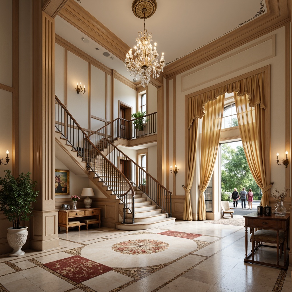 Prompt: \Elegant mansion, lavish foyer, grand staircase, marble flooring, inlaid wood patterns, ornate moldings, crystal chandeliers, luxurious textiles, richly toned woods, refined furniture pieces, subtle lighting accents, warm beige tones, creamy whites, soft golden hues, intricate floor medallions, ornamental rugs, majestic archways, sophisticated ambiance, 1/1 composition, dramatic shadows, realistic reflections.\