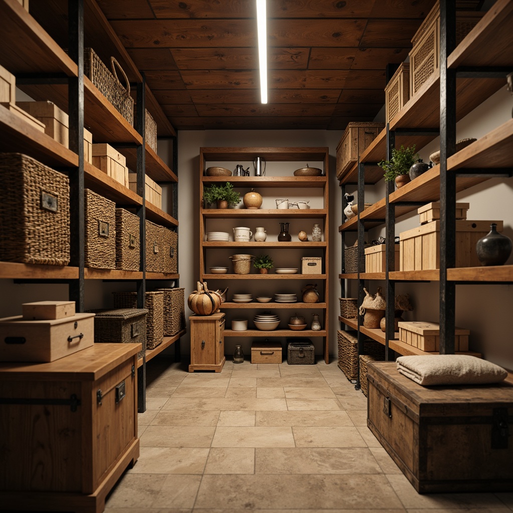 Prompt: Cozy storage room, wooden shelving units, metal storage cabinets, woven baskets, vintage trunks, rustic wooden crates, industrial metal racks, soft warm lighting, earthy color palette, natural textiles, minimalist decor, functional design, ample storage space, organized layout, serene ambiance, shallow depth of field, 1/1 composition, realistic textures, ambient occlusion.