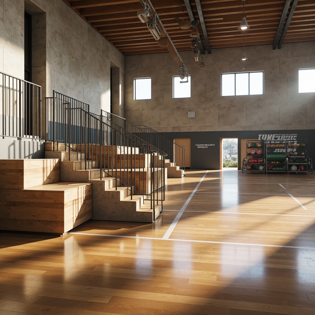 Prompt: Polished wooden flooring, matte metal railings, minimalist bleacher seating, exposed concrete walls, industrial-style lighting fixtures, simple rectangular windows, athletic track lines, sports equipment storage racks, motivational quotes on walls, natural ventilation systems, abundant natural light, soft warm color tones, shallow depth of field, 1/2 composition, realistic textures, ambient occlusion.