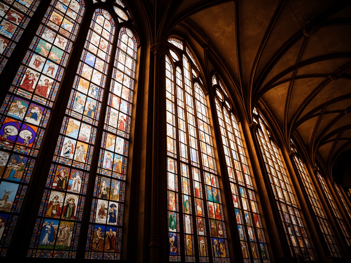 Prompt: Vibrant stained glass windows, kaleidoscope color palette, intricate geometric patterns, ornate metal frames, Gothic architectural influence, grand cathedral-inspired design, majestic interior spaces, warm golden lighting, soft diffused glow, 1/1 composition, realistic textures, ambient occlusion, dramatic shadows, mystical ambiance.