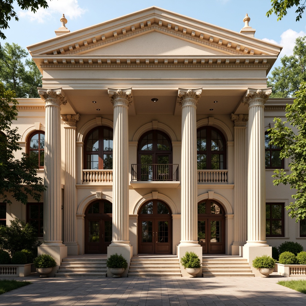 Prompt: Elegant classical building, towering columns, ornate capitals, fluted shafts, Ionic volutes, Corinthian foliage, rustic bases, marble materials, subtle arches, symmetrical facade, grand entrance, imposing pediment, solemn atmosphere, warm golden lighting, soft focus, shallow depth of field, 2/3 composition, realistic textures, ambient occlusion.