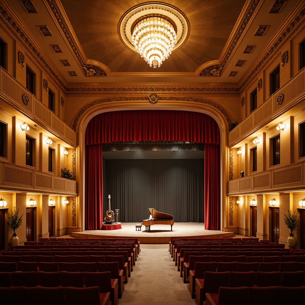 Prompt: Rich wood tones, warm golden lighting, classic auditorium seating, ornate balconies, grand pianos, acoustic sound systems, intimate stage settings, velvet drapes, polished brass fixtures, sophisticated chandeliers, refined architectural details, warm beige walls, dark-stained wooden floors, elegant staircases, serene atmosphere, soft warm glow, shallow depth of field, 1/2 composition, realistic textures, ambient occlusion.