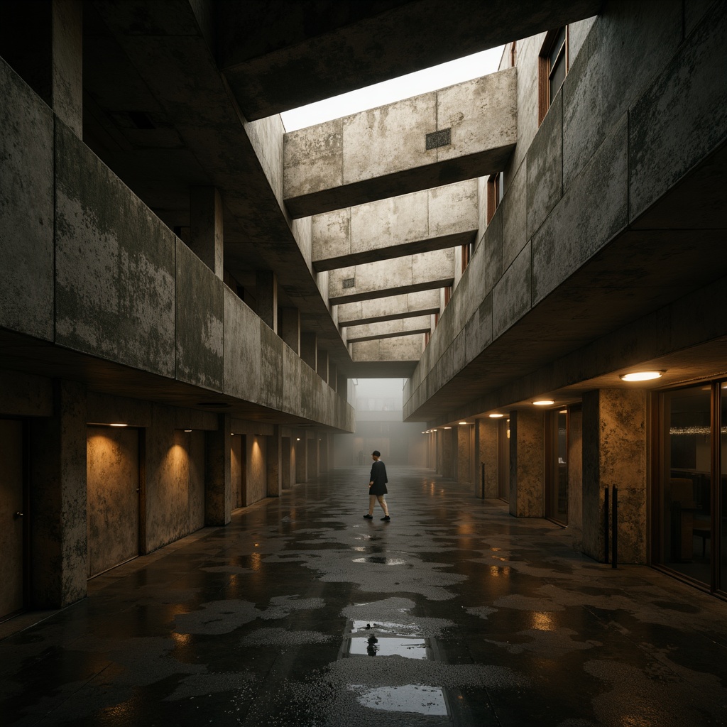 Prompt: Gritty brutalist architecture, rugged concrete walls, industrial metal beams, raw unfinished textures, dramatic shadows, moody ambient lighting, warm golden tones, softbox lights, subtle gradient effects, low-key illumination, atmospheric fog, misty veil, mysterious atmosphere, cinematic composition, 2.35