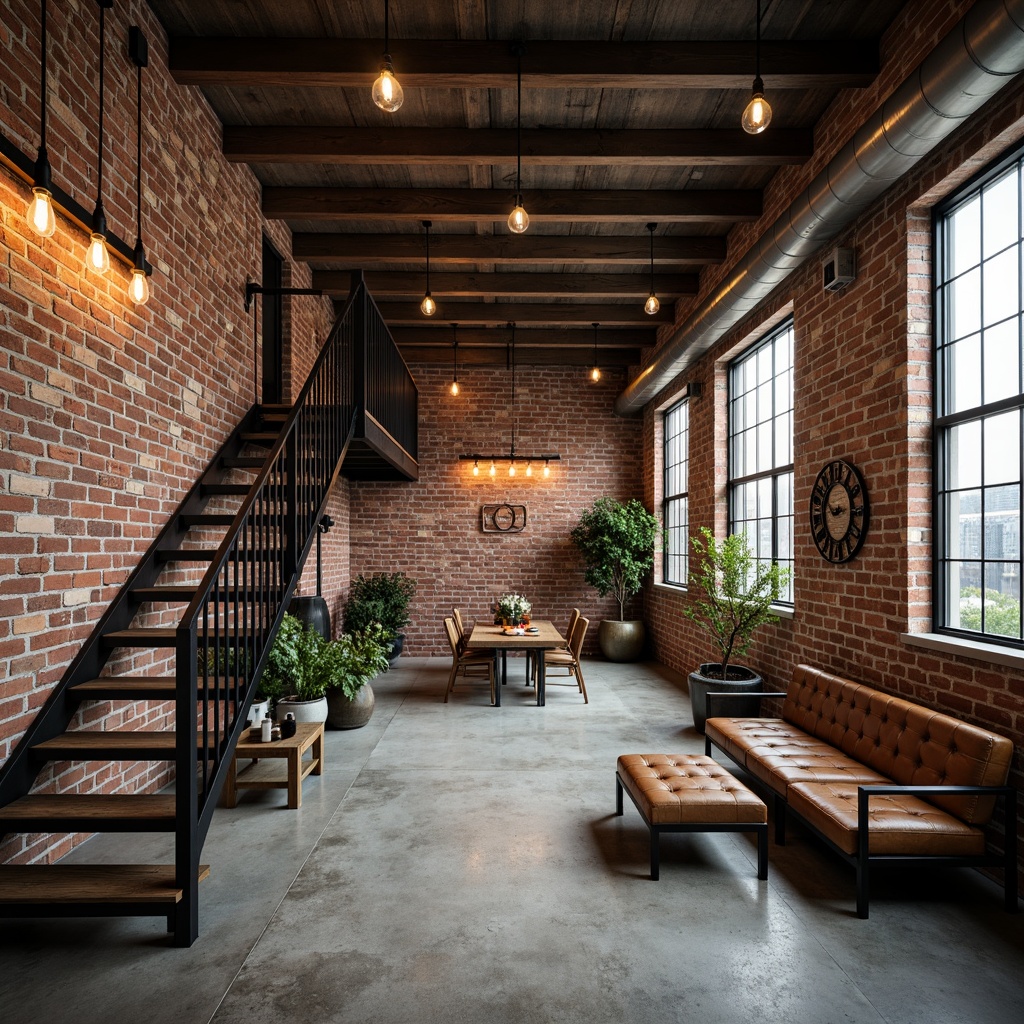 Prompt: Exposed brick walls, polished concrete floors, metal beams with rustic finish, industrial-style lighting fixtures, reclaimed wood accents, urban loft atmosphere, converted warehouse space, modern minimalist decor, functional metal staircases, sleek black railings, Edison bulb pendant lights, distressed leather furniture, vintage factory machinery, exposed ductwork, high ceilings, natural light pouring in, 1/2 composition, shallow depth of field, cinematic lighting, realistic textures.