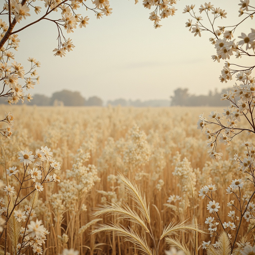 Prompt: Soft golden wheat fields, warm beige tones, creamy whites, rustic earthy browns, pale blues, delicate lace patterns, ornate gilded details, intricate floral motifs, curved rococo lines, luxurious velvet fabrics, natural linen textures, soft diffused lighting, subtle shadows, 1/1 composition, intimate close-up views, romantic whimsical atmosphere.