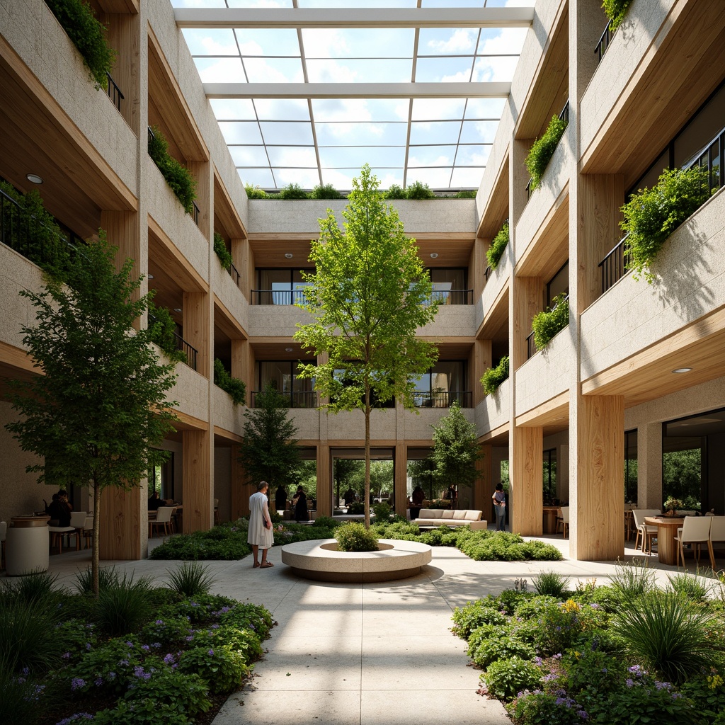 Prompt: Vibrant atrium, lush greenery, natural stone walls, wooden accents, clerestory windows, skylights, transparent roofs, open floor plans, minimalist decor, earthy color palette, warm beige tones, soft diffused lighting, indirect sunlight, ambient shadows, 3/4 composition, symmetrical architecture, modern sustainable design, eco-friendly materials, energy-efficient systems.