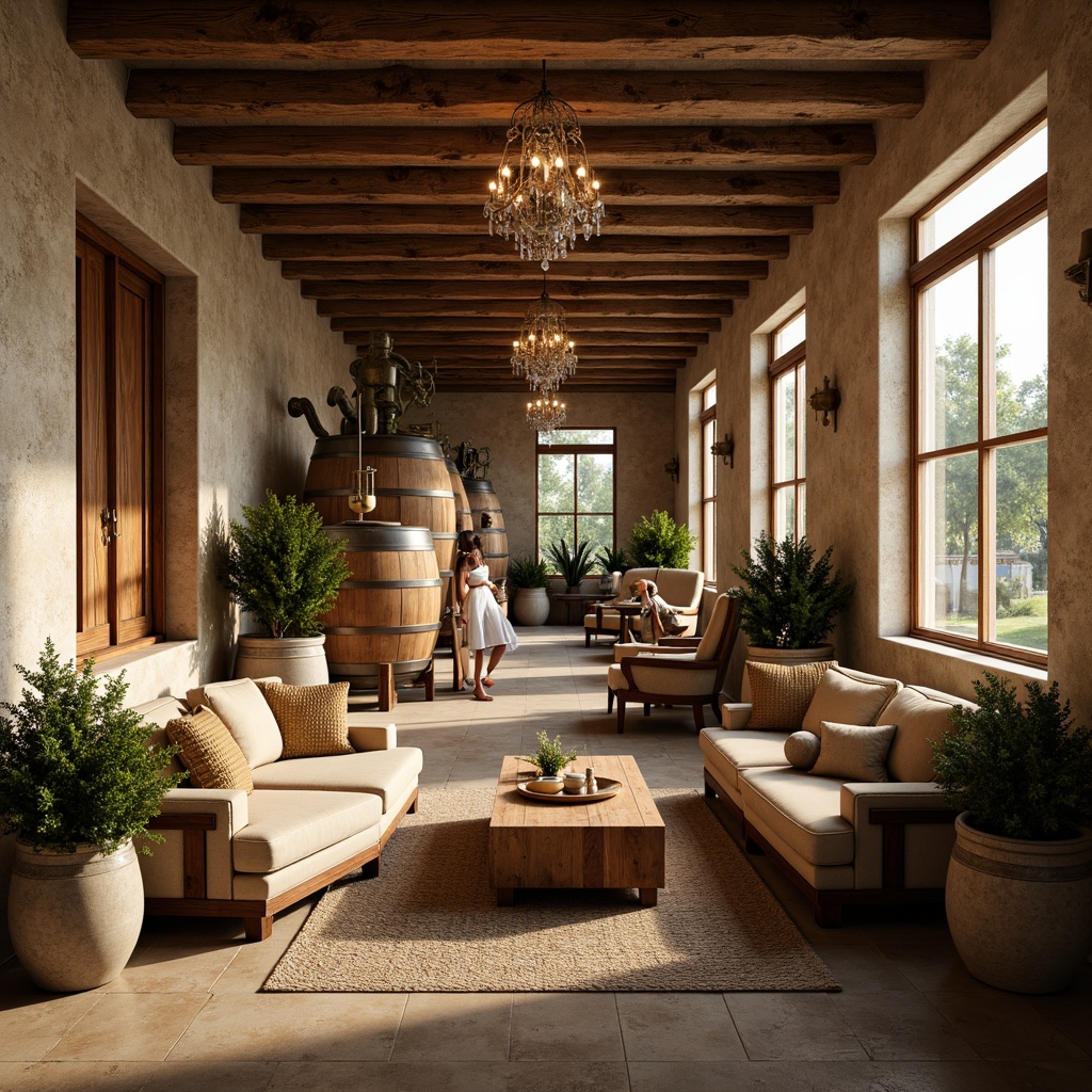 Prompt: Rustic winery, vintage wooden barrels, distressed stone walls, soft candlelight, warm beige tones, reclaimed wood furniture, plush velvet armchairs, ornate metal frames, elegant crystal chandeliers, natural linen upholstery, weathered leather sofas, antique wine-making equipment, earthy terracotta pots, lush greenery, sunny afternoon, soft focus, shallow depth of field, 1/1 composition, warm color palette, realistic textures, ambient occlusion.