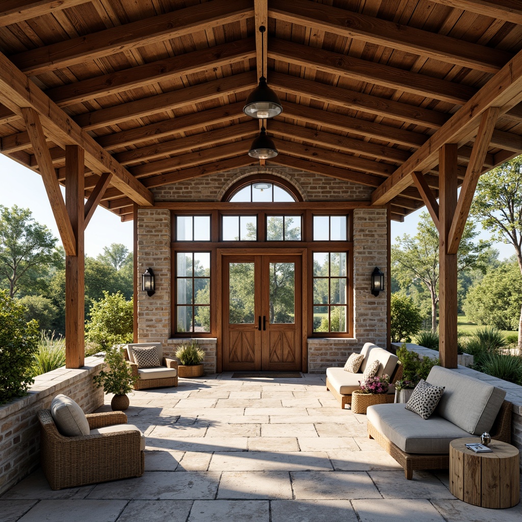 Prompt: Rustic pavilion, exposed wooden beams, industrial metal framework, reclaimed wood accents, earthy tone color palette, natural stone flooring, distressed brick walls, vintage metal lighting fixtures, open ceiling design, abundant natural light, warm cozy atmosphere, shallow depth of field, 3/4 composition, realistic textures, ambient occlusion.